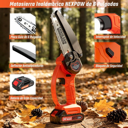 Contenido del paquete de la mini motosierra: baterías, cadenas, cargador y accesorios