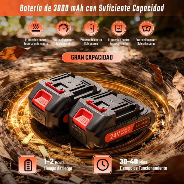 Mini motosierra inalámbrica en uso podando ramas