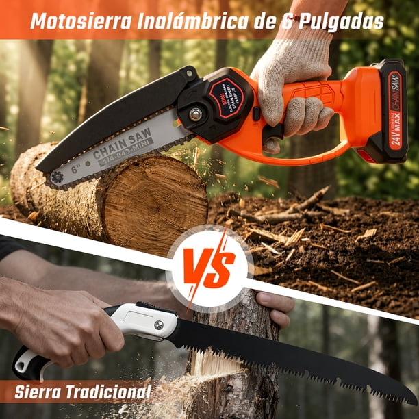 Manejo con una sola mano de la mini motosierra inalámbrica