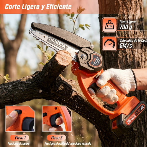 Corte de rama con la mini motosierra eléctrica de 24V